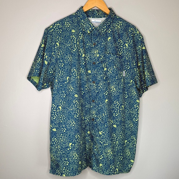 Columbia Tops - Columbia PFG Size L Omni-Shade Blue Lime  Fish Print Short Sleeve Fishing Shirt